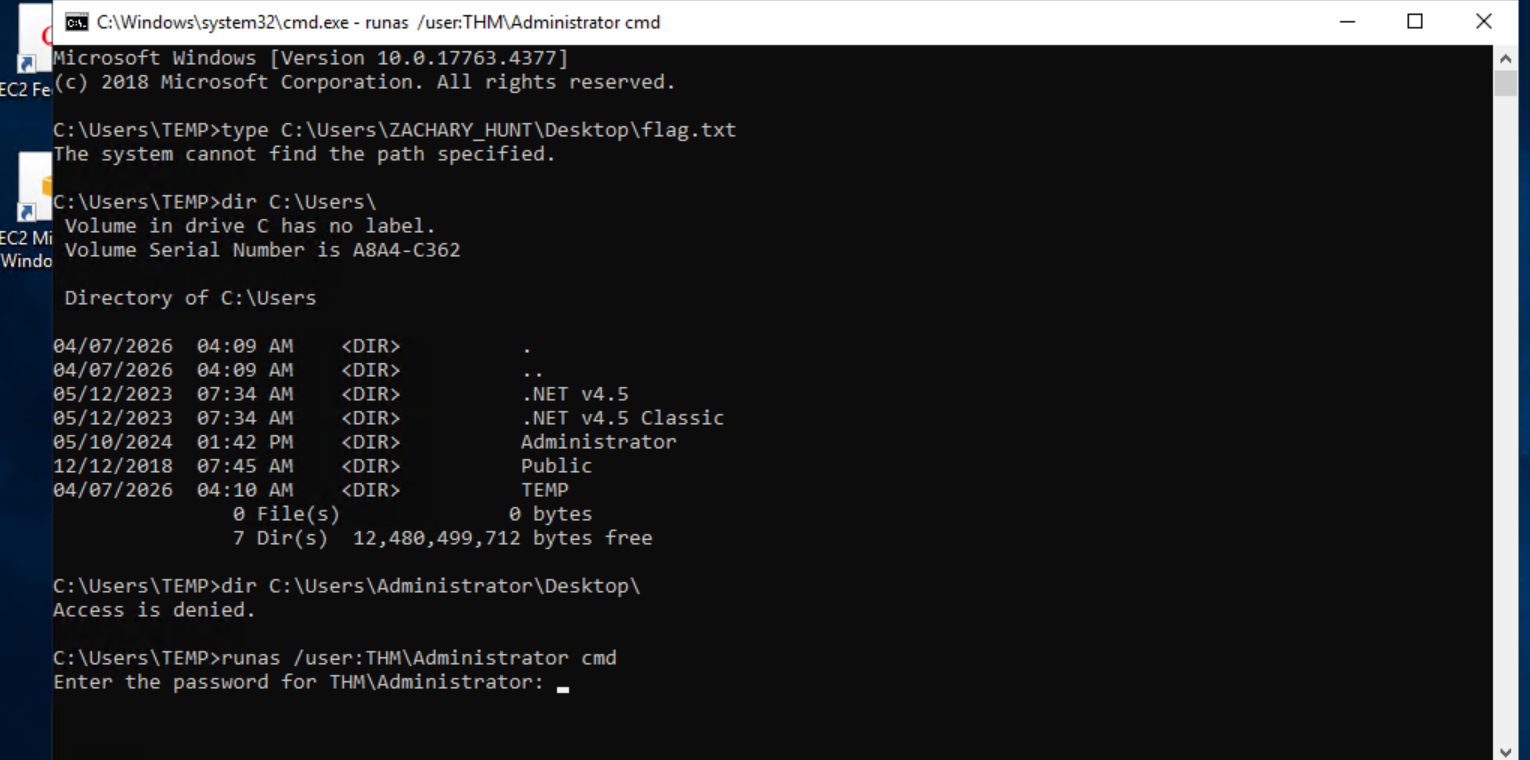 runas /user:THM\\Administrator cmd hitting dead ends